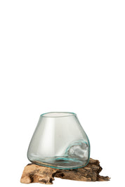 Vase On Foot Gamal Wood Recycled Glass Natural Transparent Large
