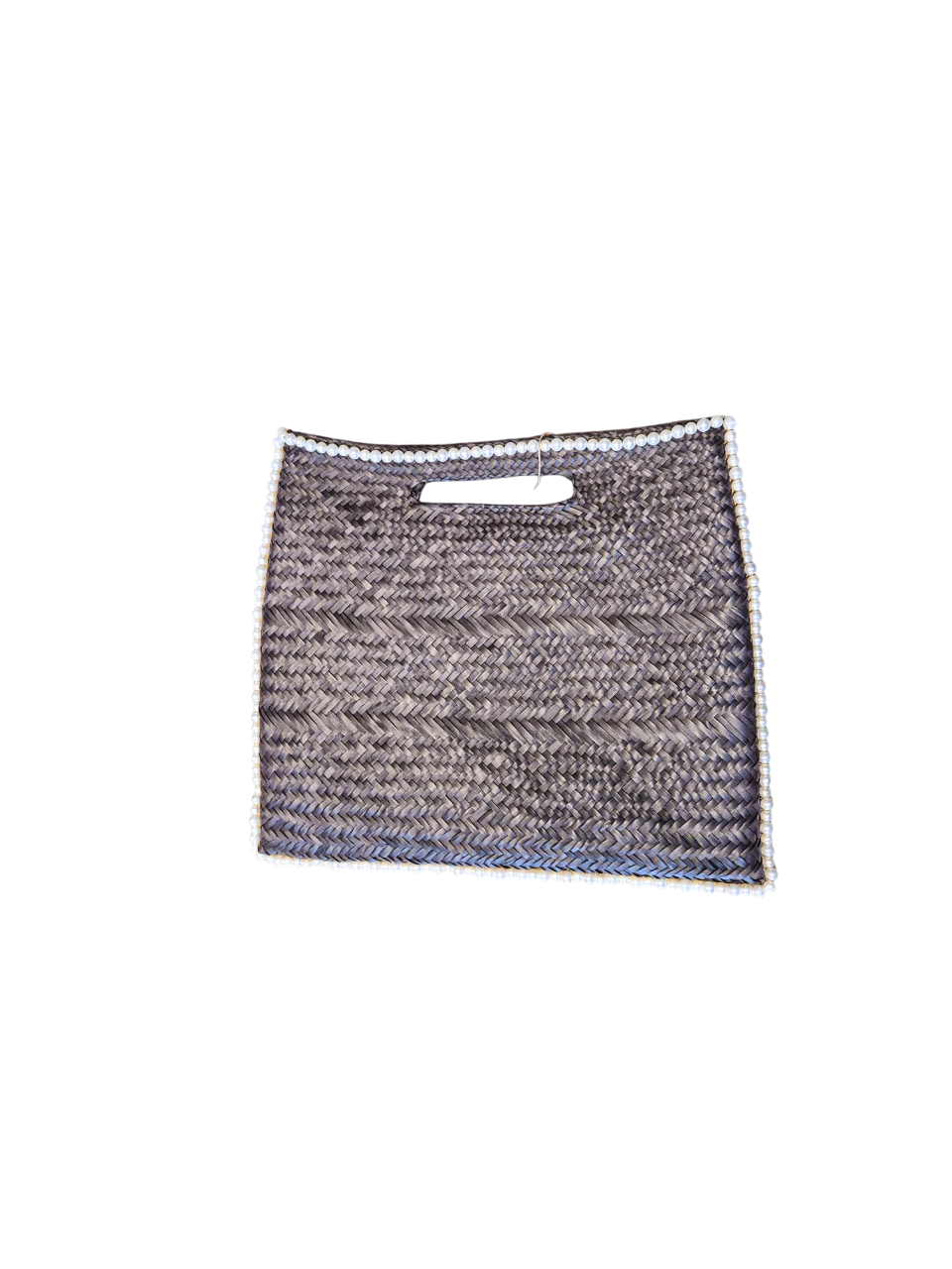 Pearl-Trimmed Woven Clutch by Mina